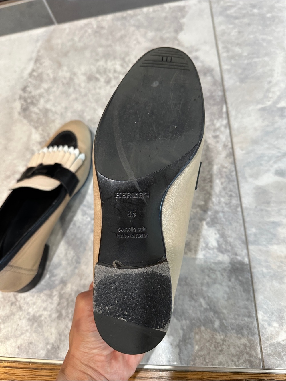 Hermes Beige Black Cream Fringe Leather Loafers - Picture 8 of 9